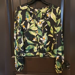 NWT Express Floral V-Neck Blouse - Black and Green, Size M
